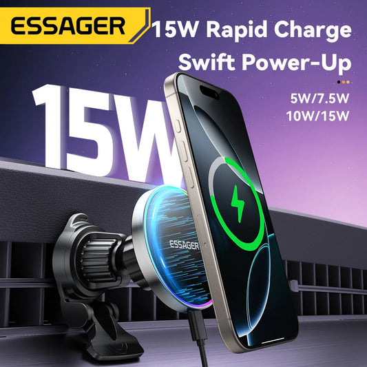 Essager 15W Magnetic Car Phone Holder Wireless Charger Stand For iPhone 16 15 14 13 Pro Max Charging for Magsafe Car Charger RGB